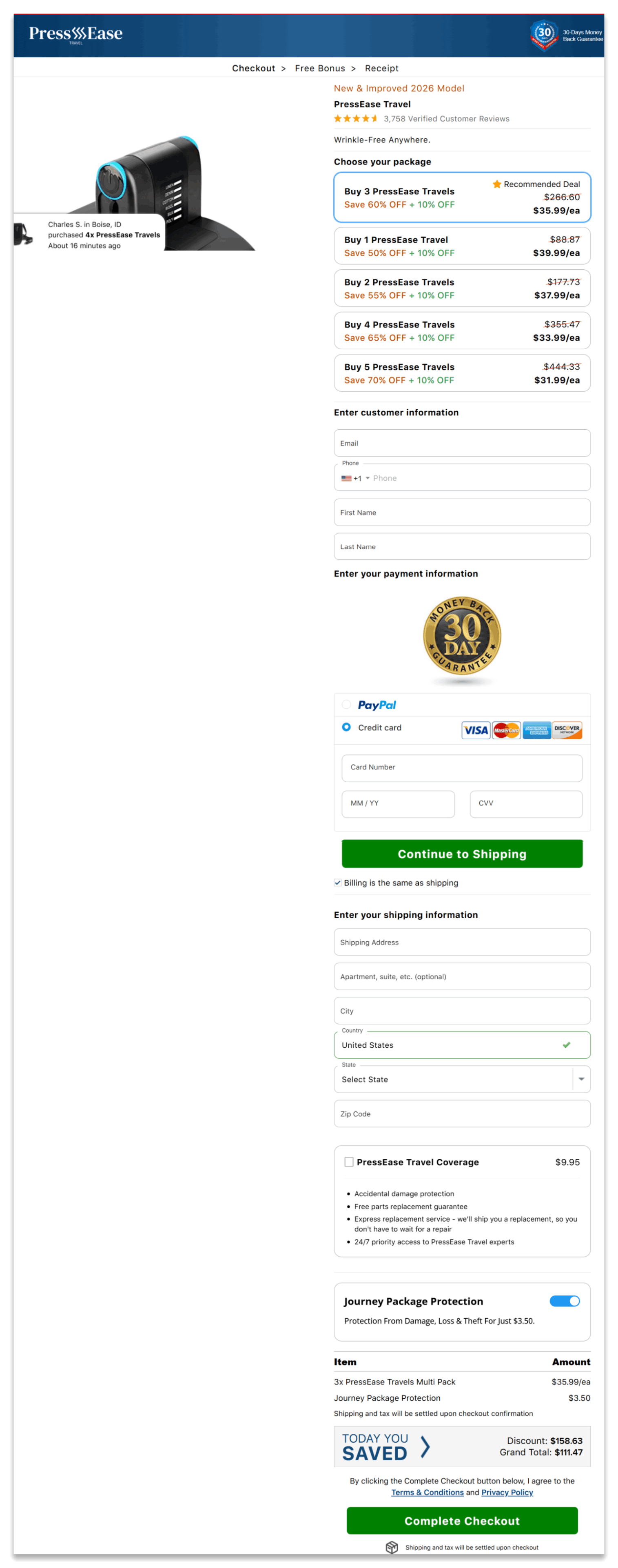 PressEase Travel secure checkout page